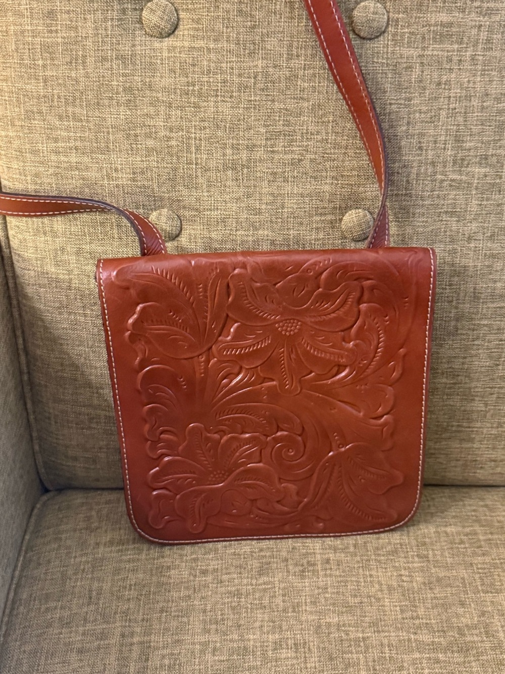 Patricia Nash Tooled Floral Leather Crossbody in Cognac Brown
